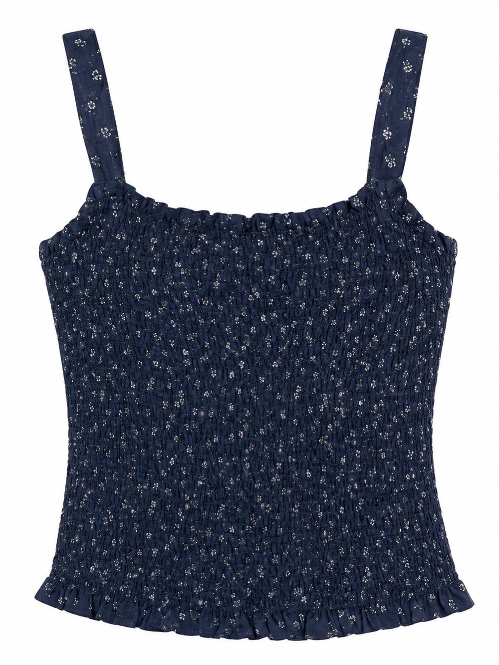 Madewell Smocked Floral Crop Top Size Medium Navy Blue Ditsy Print Ruffle Hem